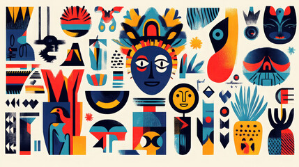 Fototapeta premium Geometric Cultural Mosaic. A colorful geometric collection featuring stylized masks, abstract shapes, and vibrant plants creates a lively and captivating visual narrative.