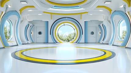 Futuristic spaceship interior design white blue and yellow color scheme large circular window