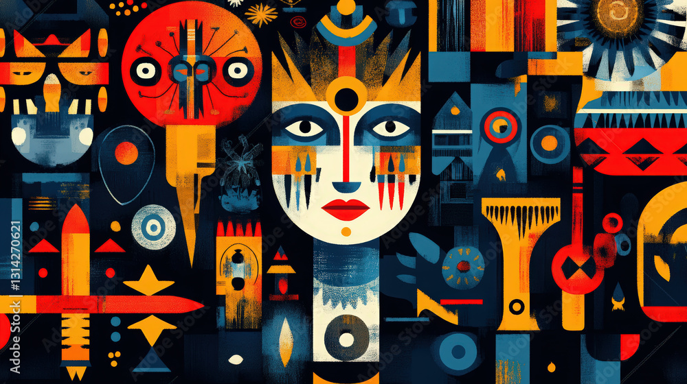 Poster global design abstract. an abstract digital illustration featuring geometric and mask-like forms in 