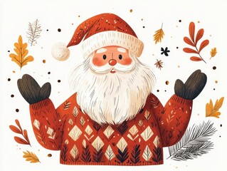 Santa Claus in Cozy Geometric Sweater Surrounded by Leaves and Branches