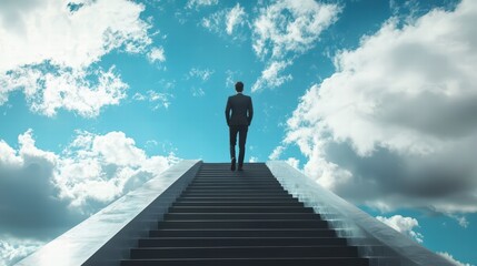 Ascending to Ambition: A lone figure strides confidently up a grand staircase towards a bright, cloud-filled sky, representing aspiration and the pursuit of goals.