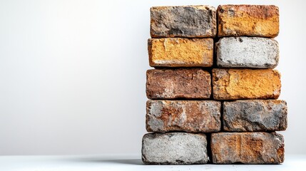 Obraz premium Stacked bricks in various shades of orange and gray against a minimalist white background