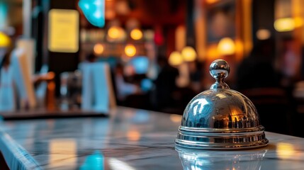 Elegant Silver Service Bell on Marble Counter: A Symbol of Hospitality and Customer Service in a Modern Restaurant or Hotel Setting