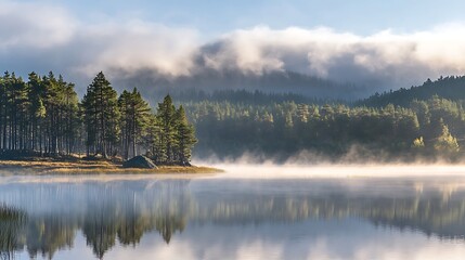 Fototapeta premium Misty morning lake reflecting trees and mountains.