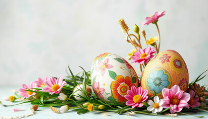 Fototapeta premium Colorful Easter eggs adorned with intricate patterns and floral designs rest amidst lush greenery and delicate daisies, capturing the essence of spring and celebration. copy space
