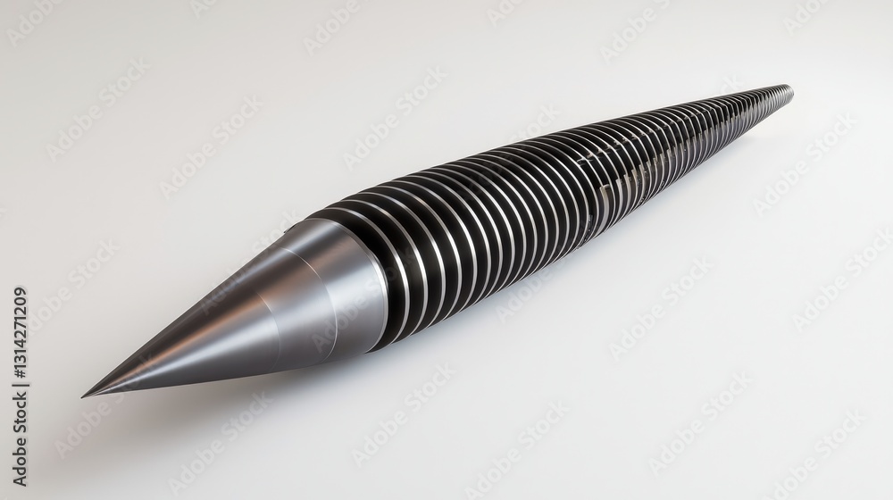 Poster material science alloys concept. metal spiral object with a pointed end on a white background.