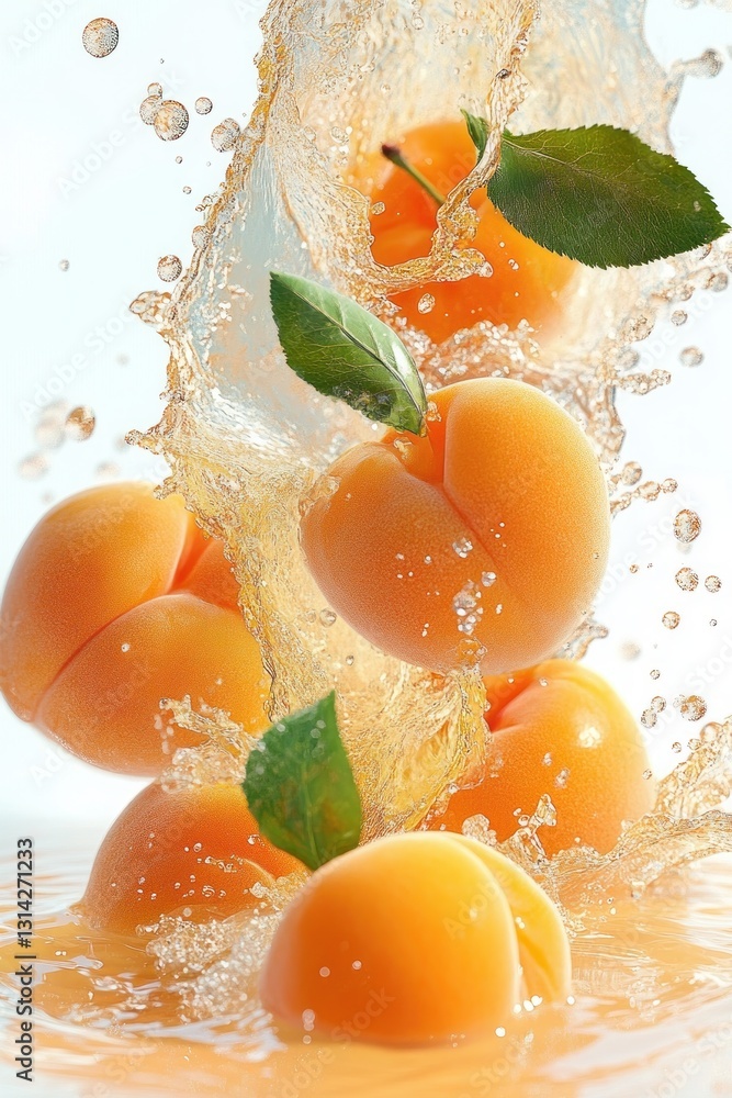 Poster fresh apricots splashing in golden juice with dynamic motion and vibrant colors on white background