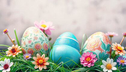 Fototapeta premium Colorful Easter eggs adorned with intricate patterns and floral designs rest amidst lush greenery and delicate daisies, capturing the essence of spring and celebration.