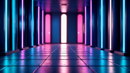 A dimly lit corridor with glowing columns