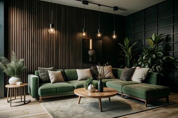 Fototapeta premium Modern Living Room with Green Sofa and Wooden Accents