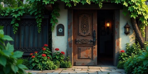 A sunlit entrance with an ornate wooden door, partially open, revealing a dimly lit interior, flanked by vibrant red flowers and lush green ivy growing on a weathered wall and fence.