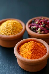 Colorful spice blends in small bowls