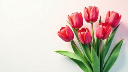 Fototapeta premium A vibrant cluster of crimson tulips, elegantly arranged against a soft white backdrop, creates a captivating image perfect for springtime celebrations and expressions of affection.