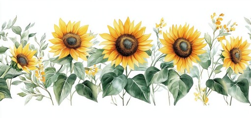 Watercolor Sunflowers and Green Foliage Botanical Art for Invitations and Decor
