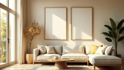 Fototapeta premium Sunlit Living Room with Neutral Decor and Empty Frames for Artwork