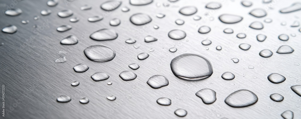 Poster material science alloys concept. droplets of water on a metallic surface create a reflective texture