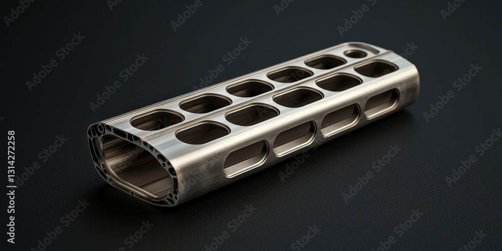 Poster material science alloys concept. metallic object with hollow sections on a dark background.