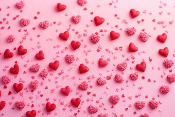 Valentine's Day Candy Confetti Pattern with Scattered Hearts on Pink Background