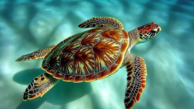 Sea Turtle in Clear Waters:  A majestic sea turtle glides gracefully through crystal clear turquoise waters, its patterned shell reflecting the sunlight, evoking a sense of tranquility and wonder. 