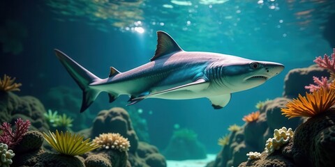 Obraz premium A sleek shark gracefully glides through vibrant coral reefs, sunlight filtering through the crystal-clear ocean water above