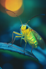 Firefly’s glowing abdomen emitting a soft green light, extreme close-up with ultra-sharp detail and soft bokeh background Generative AI