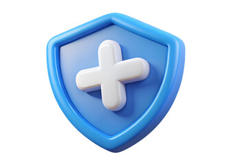 Obraz premium A Reassuring Blue Shield Emblem Displaying A Prominent White Plus Sign, Symbolizing Safety, Health, And Protection In A Playful 3d Design Isolated on Transparent Background
