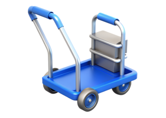 A Sturdy Little Blue Handcart Ready For Its Next Adventure, Carrying A Silver Box Securely, Showcasing A Simple Yet Functional Design With Smooth, Clean Lines And Bright Colors Isolated on Transparent