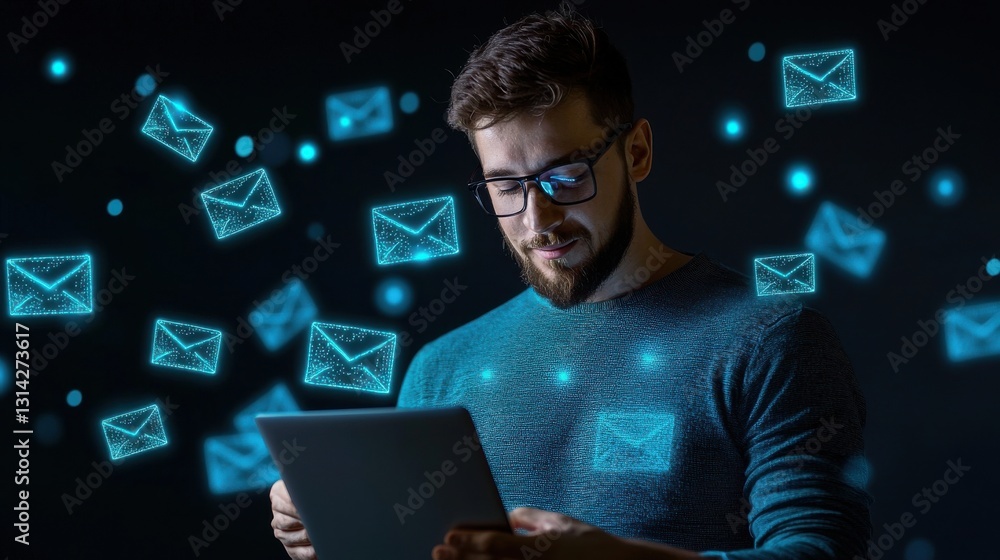 Poster a man is using a laptop computer with a blue shirt on