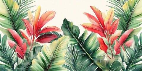 Tropical Botanical Pattern Watercolor Art with Lush Green and Red Foliage Detailed Palm and Banana Leaves for Textiles Interior Clothes and Wallpaper