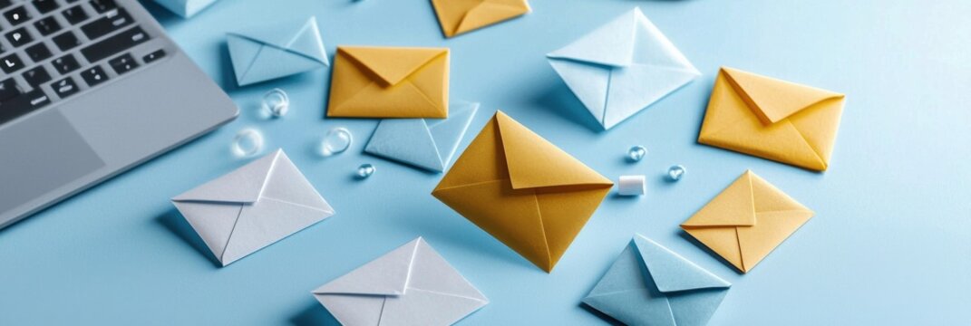 A laptop sits on a table with a stack of paper envelopes