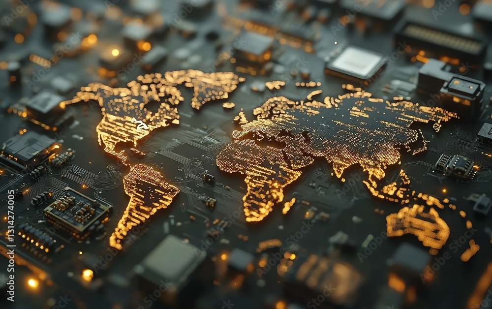 Poster macro shot of a microchip with a digital world map seamlessly blended into its surface, showcasing t