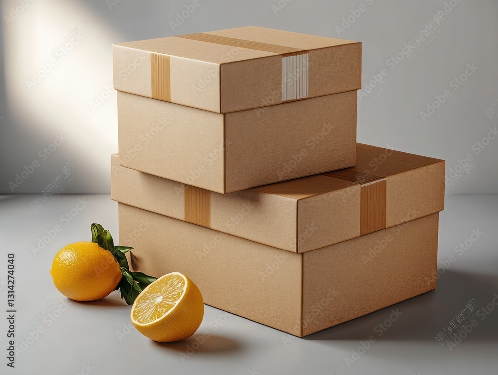 Poster cardboard box stack mockup minimalist design hyperrealistic soft lighting 3d rendering shipping pack