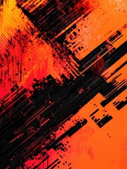 Obraz premium Modern digital art featuring a bold red background with black abstract shapes, resembling a glitch or digital chaos.