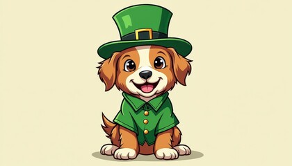Cartoon Dog in Leprechaun Gear Celebrates St. Patrick's Day. A cartoon dog wearing a green shirt and a green hat.