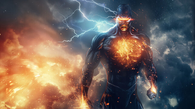 Fiery superhuman with glowing eyes amidst lightning and flames.