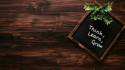 A wooden background features a chalkboard with the inspirational words "Think, Learn, Grow" alongside a small green plant.
