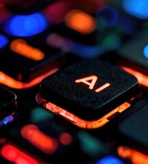 A close-up view of a keyboard key illuminated with vibrant colors, featuring the letters "AI" representing artificial intelligence technology.