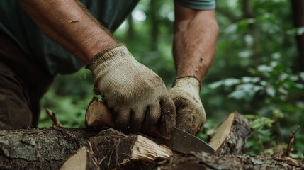 Obraz premium Rugged hands grip an axe against lush greenery, capturing the essence of labor and connection to nature's raw materials.