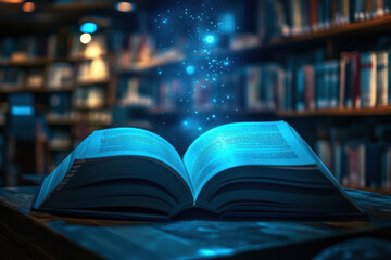 An enchanting open book emits magical glowing particles in a dimly lit library, creating a mystical atmosphere.