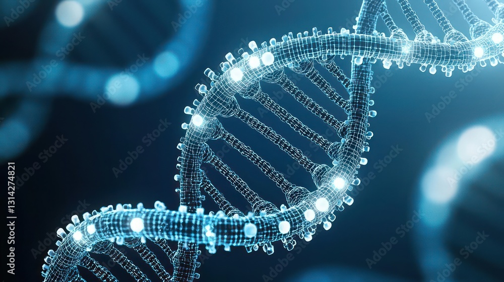 Aufkleber abstract blue dna helix structure with illuminated dots on dark background