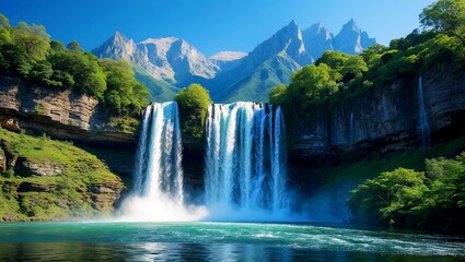 Fototapeta premium A serene waterfall cascading among lush greenery