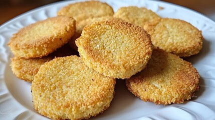 Crispy Golden Fried Cornmeal Patties Served on White Plate for Delicious Snack or Appetizer