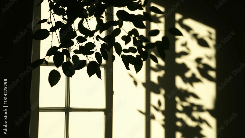 Poster isolated soft shadows overlay of leaves through a window on a wall transparent background black shad