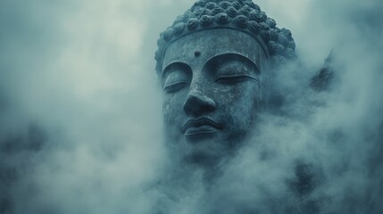 A majestic stone Buddha head emerges from the mystic clouds, imparting a serene and spiritual ambiance atop a misty mountain.