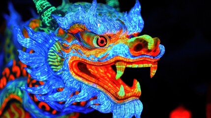 Naklejka premium Illuminated Dragon Dance Head, Night Festival