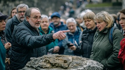 An animated guide passionately explains historical insights to a captivated group tour amidst ancient ruins, fostering curiosity.