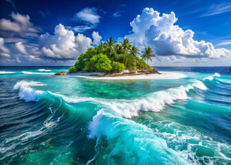 Vibrant turquoise ocean waters swirl around secluded island paradise