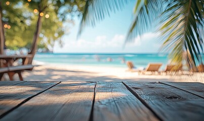 Wooden table and blur beach cafes background with bokeh lights. High quality photo