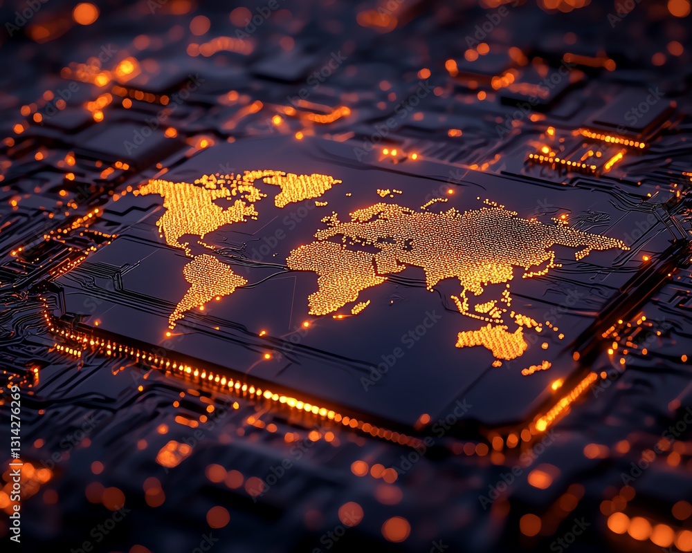 Poster a detailed silicon wafer with an embedded glowing map of the world, showcasing the complexity of glo