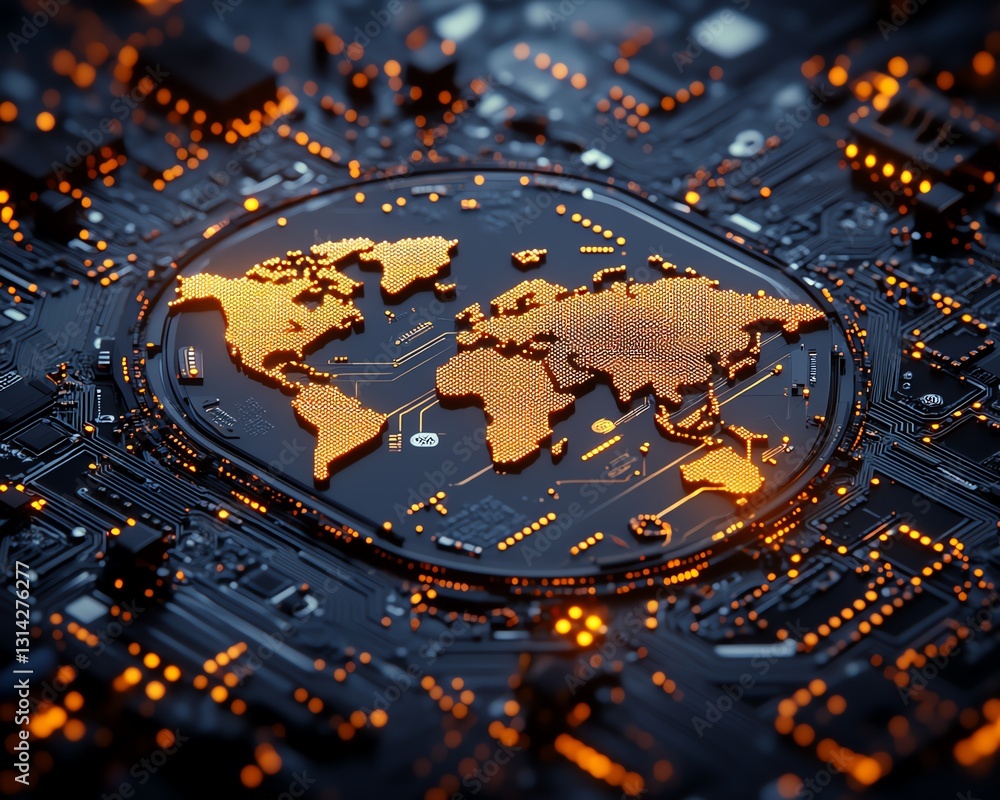Aufkleber a detailed silicon wafer with an embedded glowing map of the world, showcasing the complexity of glo